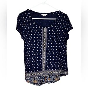 Boho Lucky Brand Dark Blue Blouse with White and Tan Accents